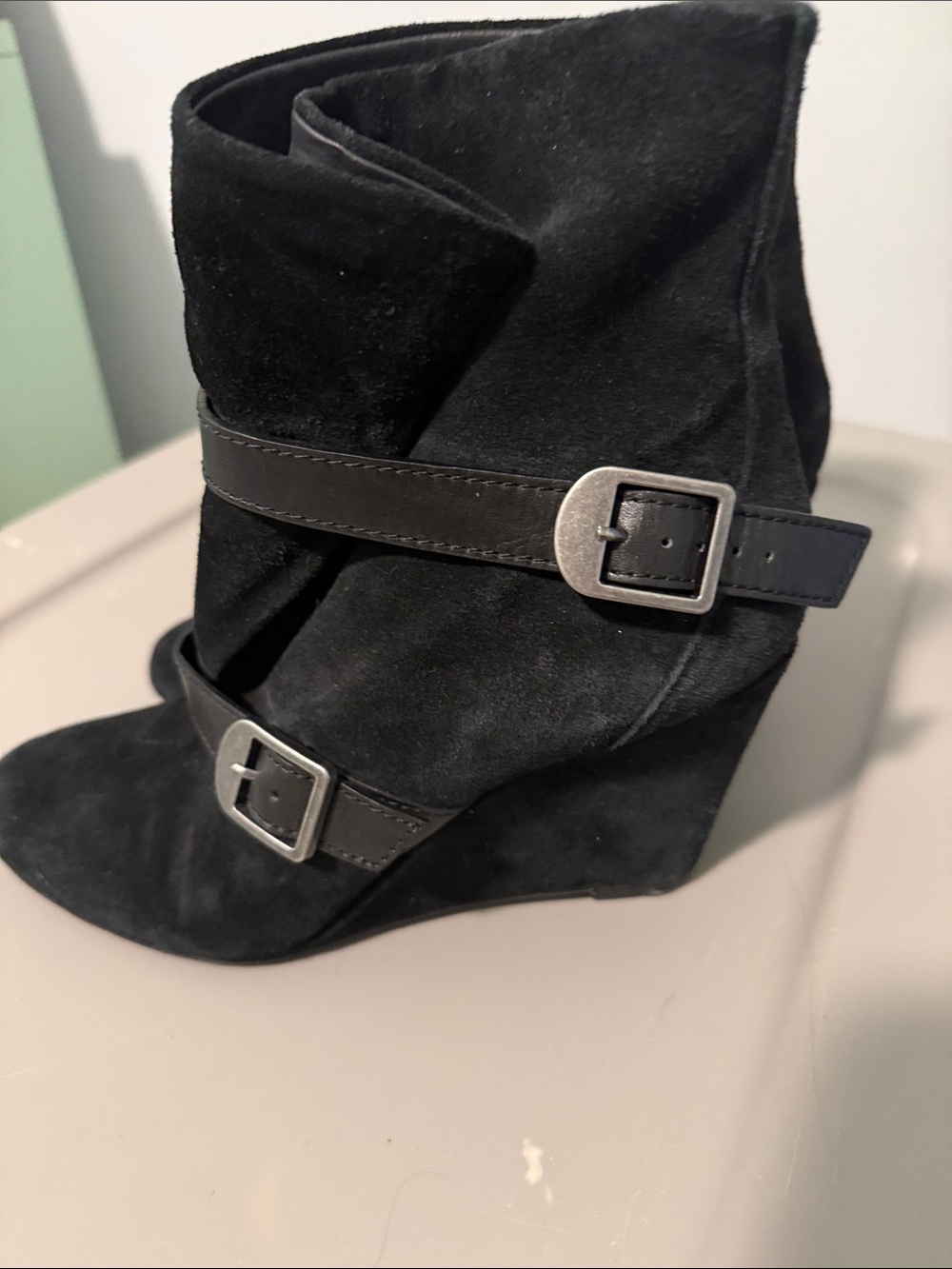 Via Spiga Black Suede Wedge Ankle Booties with Buckle Straps 100% LEATHER